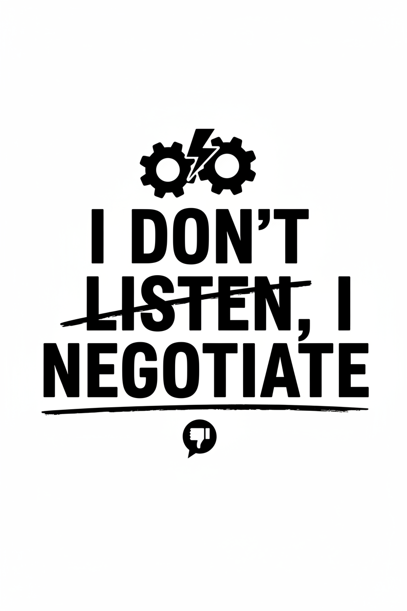 Printable wall art with bold text saying I don't listen, I negotiate